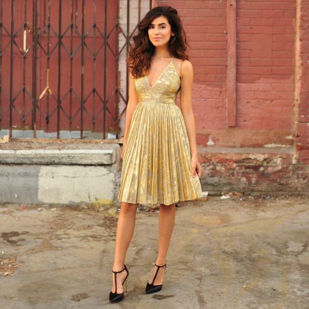 Sam Edelman | Gold V-Neck Dress w/ Pleated Skirt (NWT)